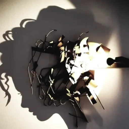 Instalación artística creando la silueta de un rostro femenino con la sombra