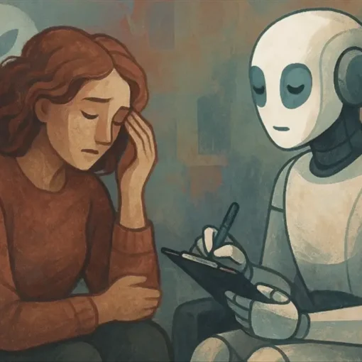 Mujer hablando con un robot: chatbots terapéuticos