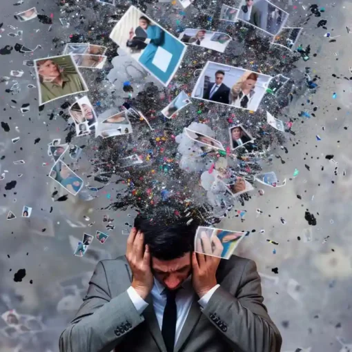 Hombre rodeado por una nube de contenido digital, imagen sobre intoxicación digital