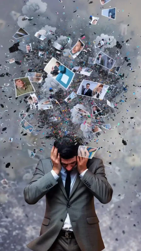 Hombre rodeado por una nube de contenido digital, imagen sobre intoxicación digital